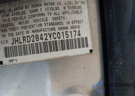 2000 Honda Cr-V Lx from USA, damaged, VIN JHLRD2842YC015174